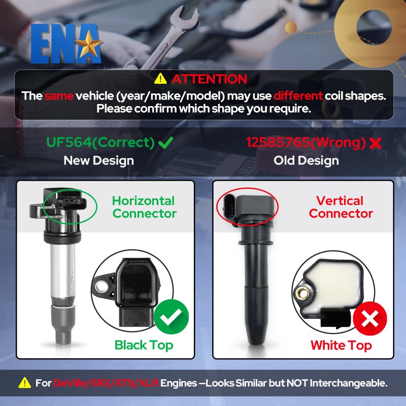 ENA Set of 8 UF564 Ignition Coil Pack Compatible with V8 4.4L 4.6L 2004 2005 2006 Buick Lucerne Cadillac DeVi1le Seville DTS SRX STS XLR 2004-2006 4.4 4.6 coil packs for 12594176 - Image 2